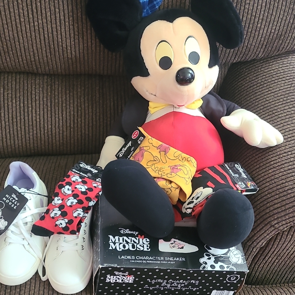 Disney Mickey Mouse Plush with Red Body and Black Ears Brand New Shoes & Socks !
